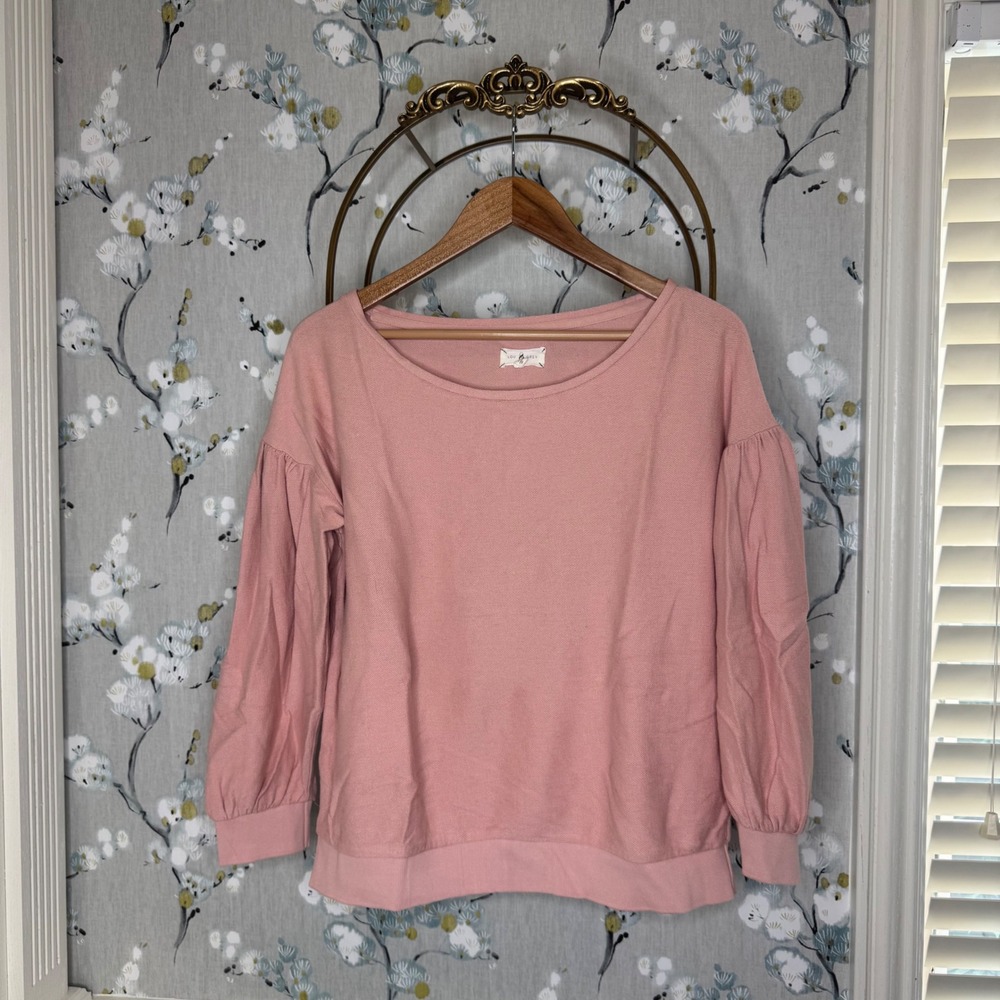 Lou & Grey Pink Puff Sleeve Sweatshirt 100% Cotton Scoop Neck Top Womens M